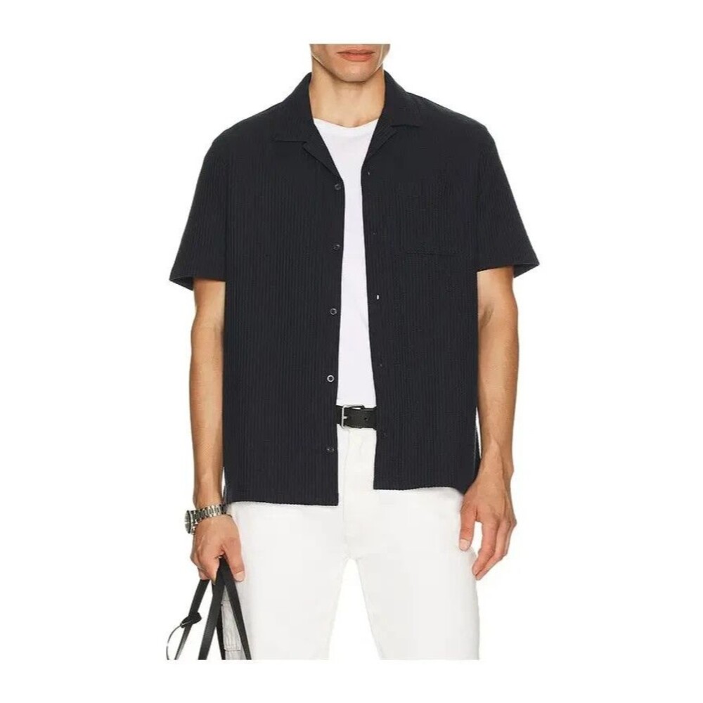 Vince Button Up Shirt Mens Medium Navy Blue Seersucker Cabana Pocket Cotton $198
